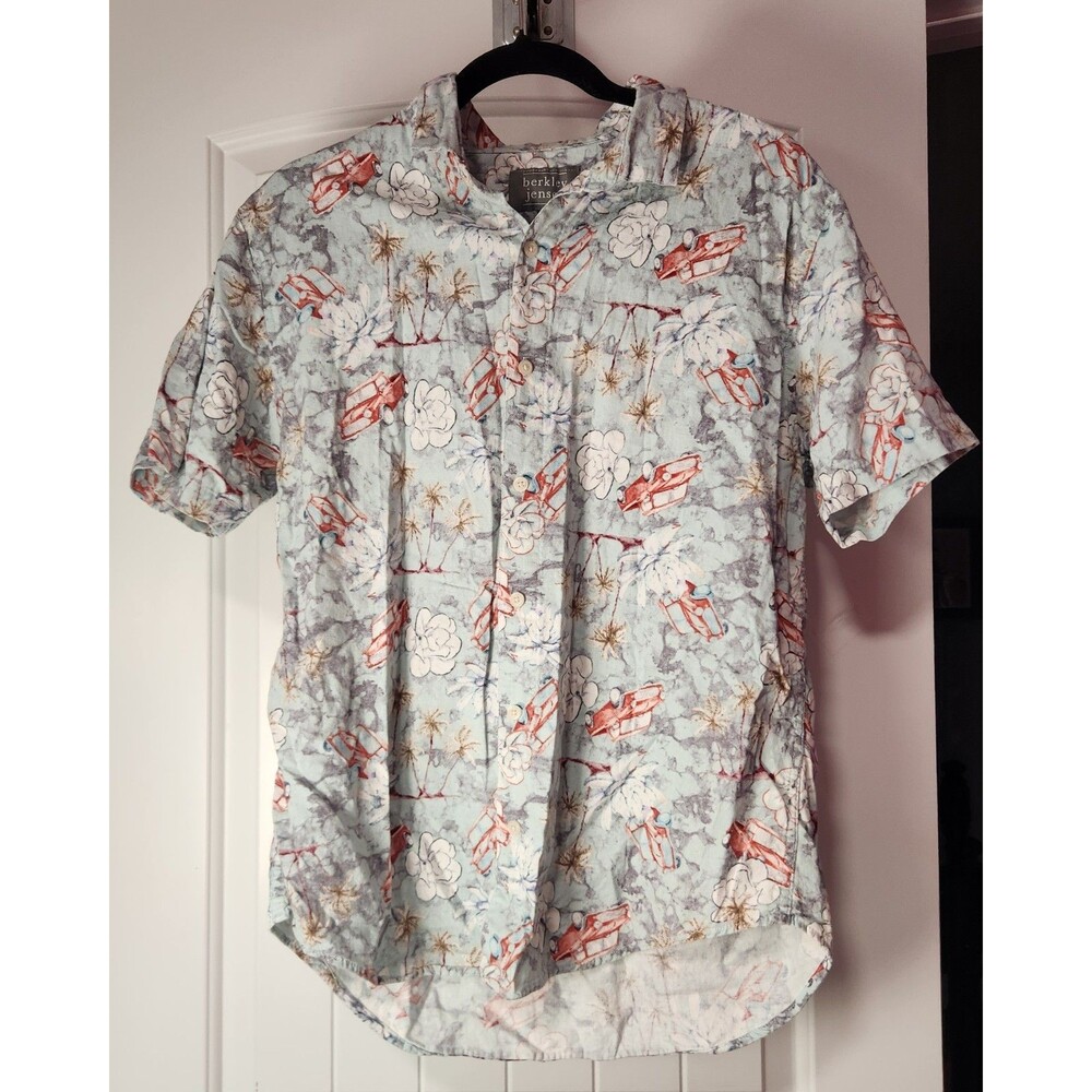 BERKLEY JENSEN Men's Large Blue Short Sleeve Floral Linen Blend Button Up Shirt